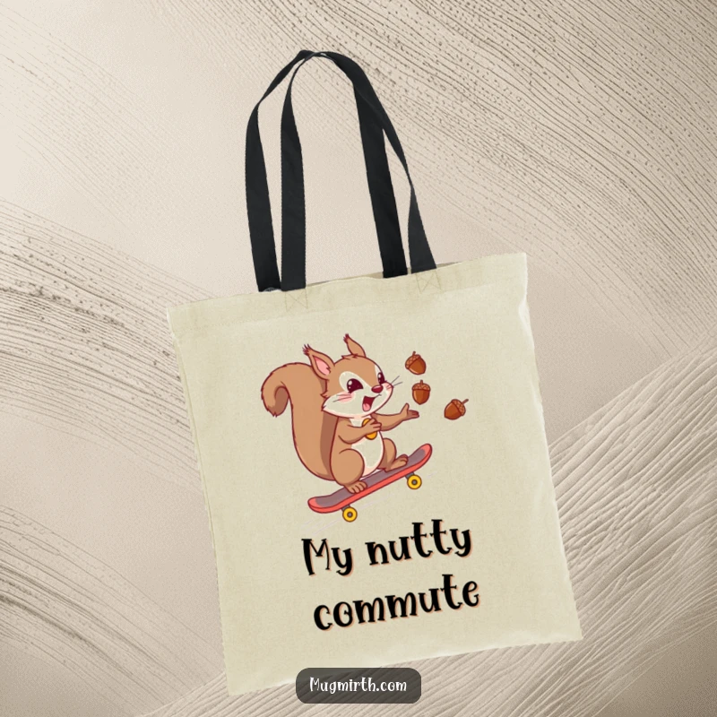 Funny mischievous squirrel juggling acorns while riding a skateboard downhill, ideal for carrying daily items. A practical and funny tote bag.