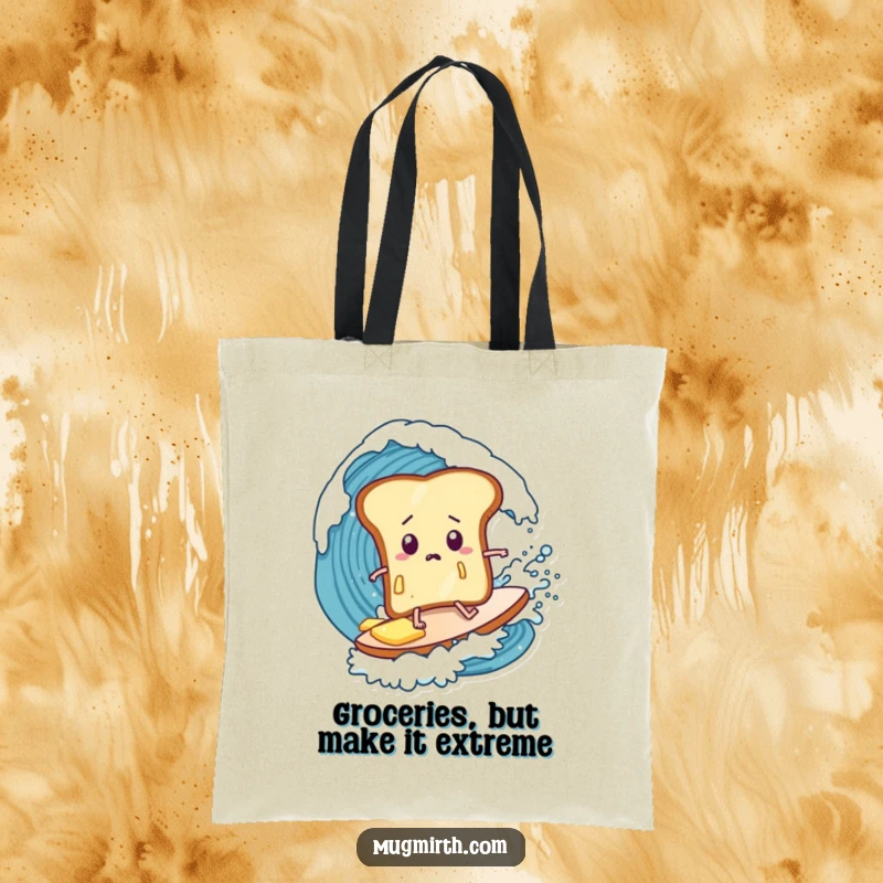 Funny toast tote bag, butter dripping, bewildered surfer, riding a giant wave, a humorous and practical carry-all.