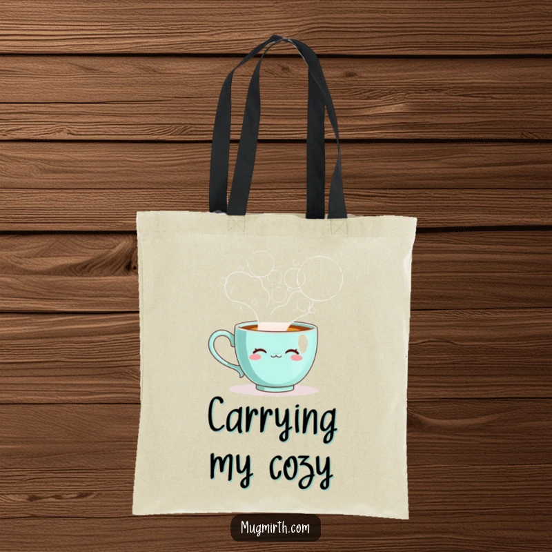Funny teacup tote bag, a sentient cup blowing steam bubbles, perfect for shopping and daily use.