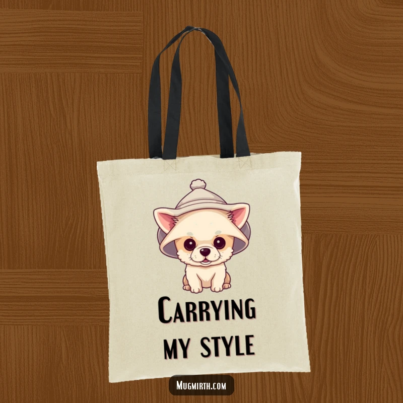 Funny tote bag showcasing a tiny dog bravely wearing a giant hat that completely covers its eyes.