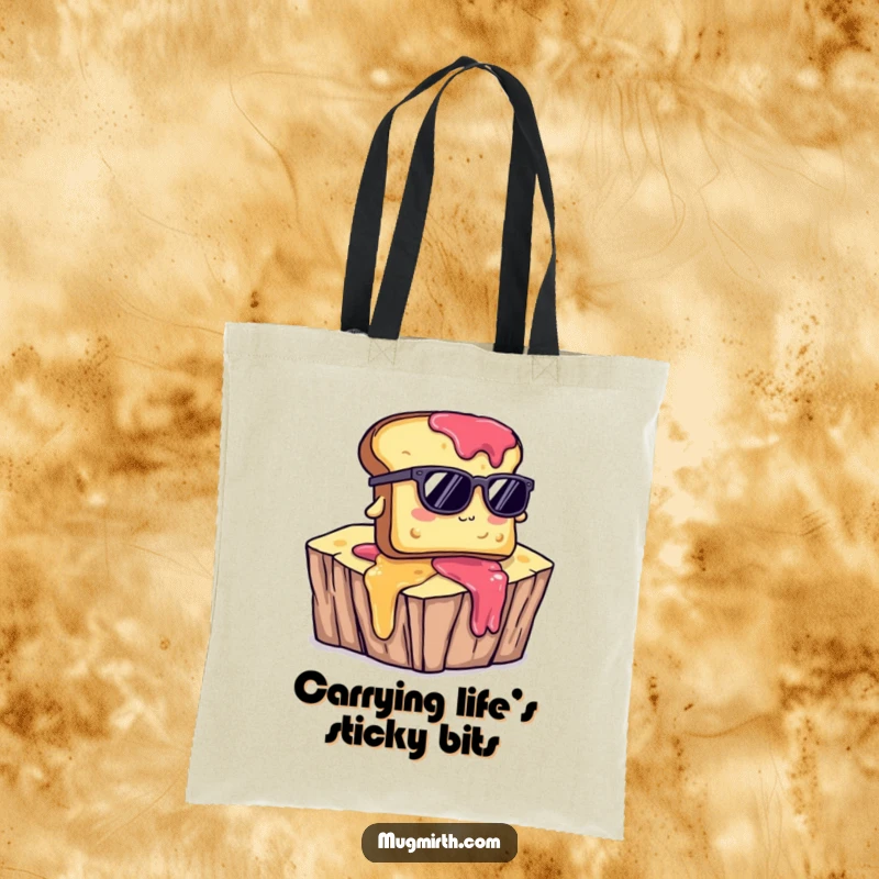 Funny tote bag featuring toast with sunglasses, humorously falling from a jam cliff, great for carrying groceries with a smile.