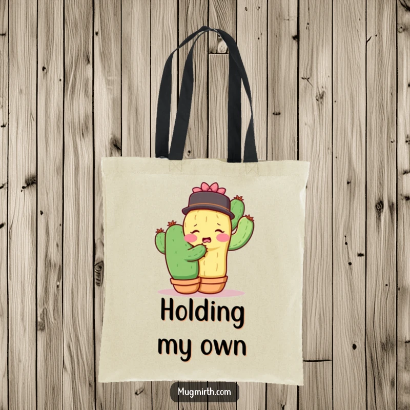 Funny shy cactus recoiling in surprise from a hug, a humorous and practical tote bag.